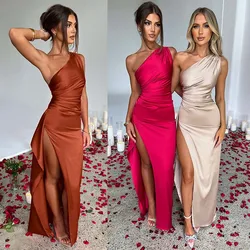 2024 Summer Women's Dress New Sexy Slim Fit Slant Shoulder Split Solid Color Dress Fashion for Women