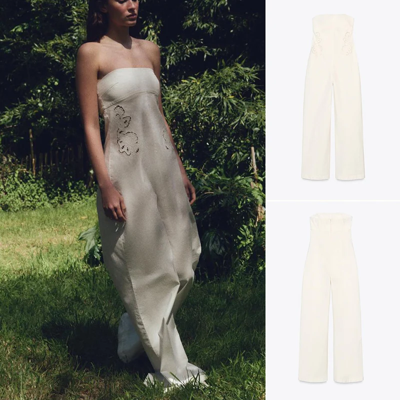 

Летние женские длинные цельные брюки с декоративным воротником и вышивкой, длинные цельные брюки с высокой талией и широкими штанинами, полиэстер...