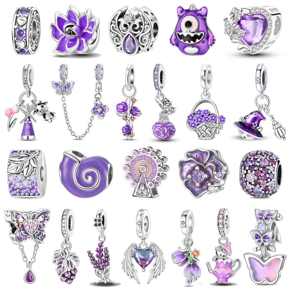 Gran oferta de cuentas de noria de Plata de Ley 925, colgante de rosas y uvas, pulsera apta, collar de Boutique, colgante morado, regalo