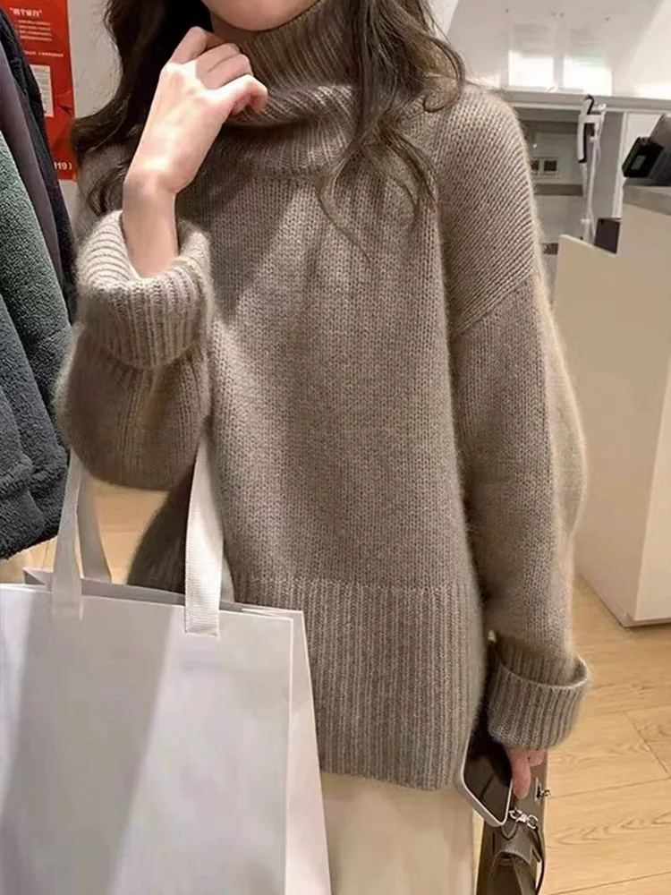 2024 Autumn/Winter New 100% Cashmere Wool Turtleneck Sweater Women\'s High Neck Knit Pullover Soft Comfortable Top Loose Jumper