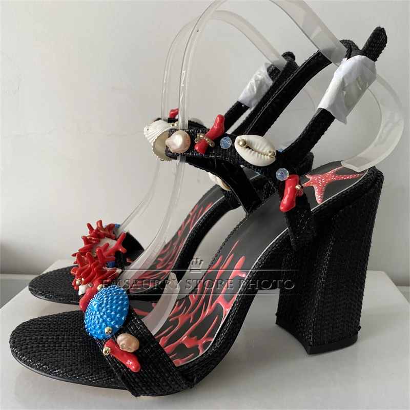 Exotic Style Shell Decor Ankle Strap Sandals Women Unique Seaweed Print Open Toe High Heel Holiday Summer Shoes