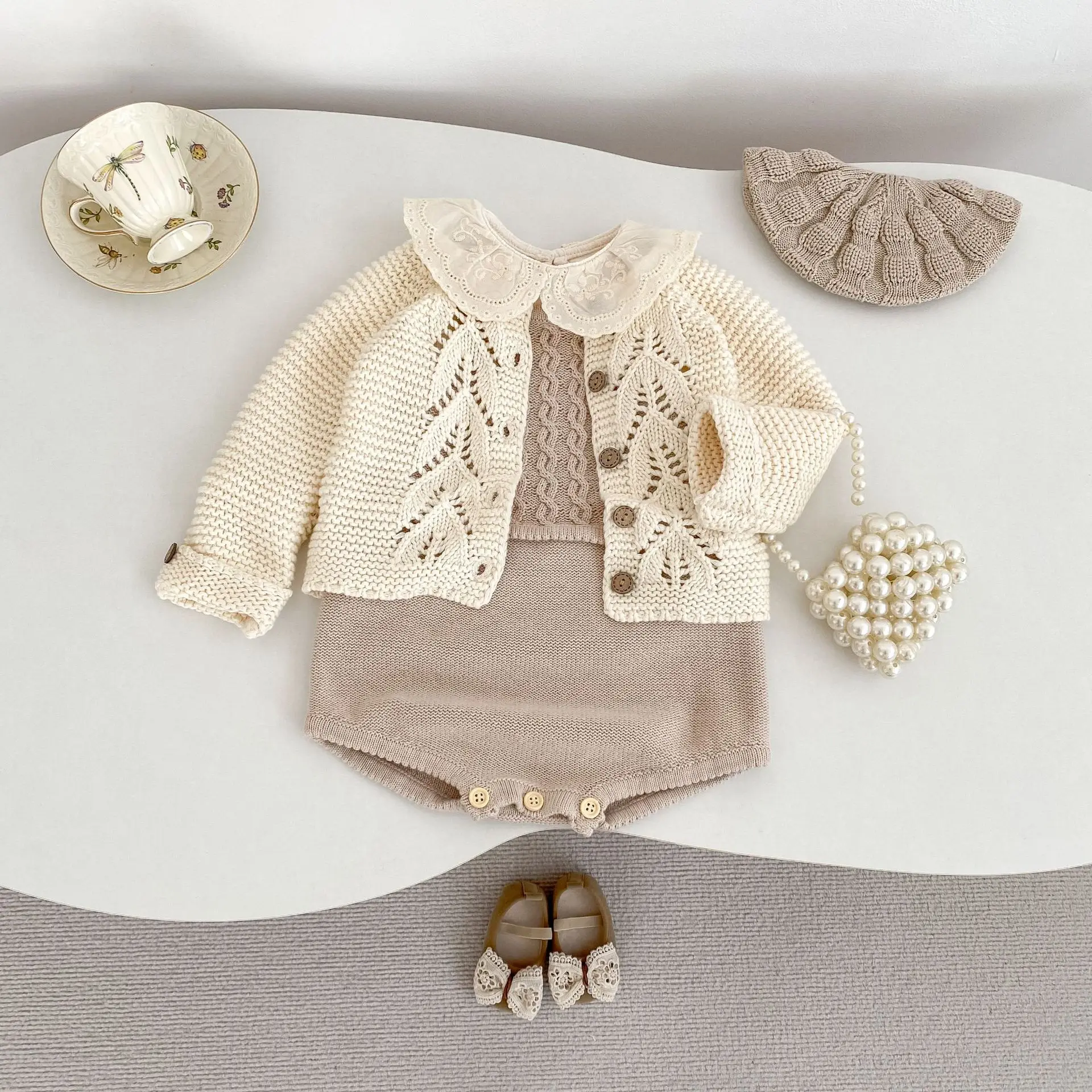 Straps Cable Baby Romper Knitted Infant Jumpsuit Cream Cotton Toddler Playsuit