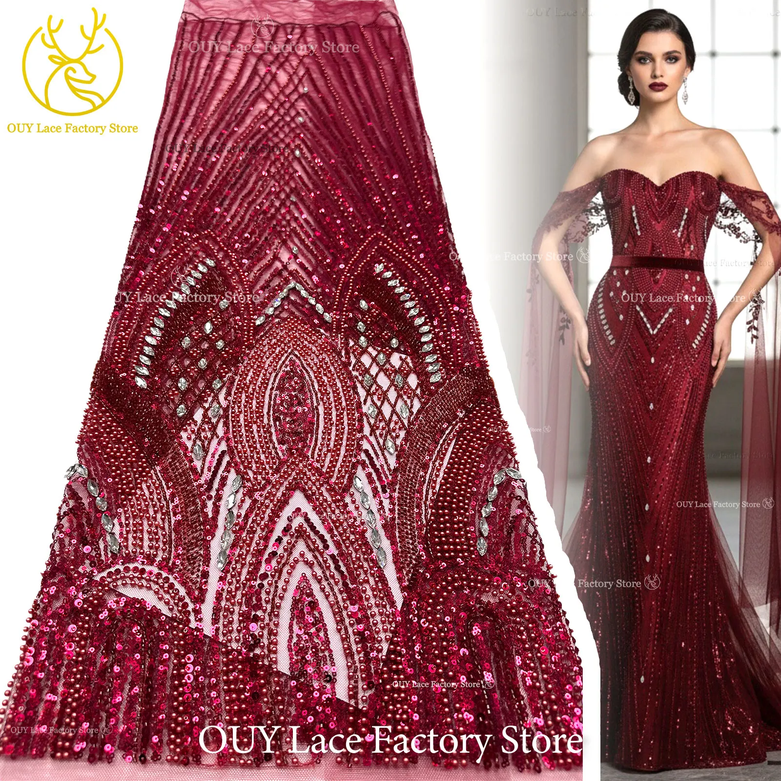 Red African Beaded Gemstone Lace Fabric High Quality French Sequins Stone Tulle Lace Nigerian Women Party Wedding Dress Sewing