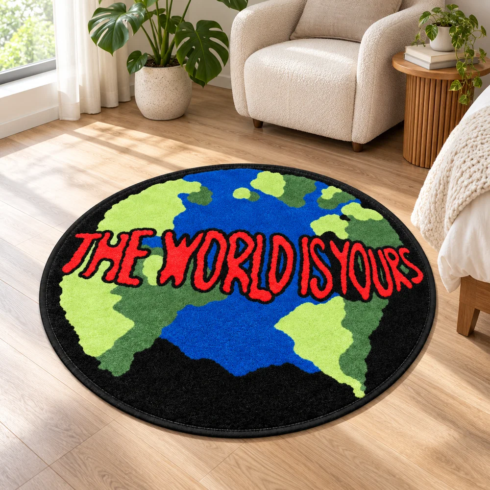 Round Globe Floor Mat THE WORLD IS YOURS Graphic Rug, Soft Flannel Non Slip Accent Carpet for Bedroom Living Room Entryway