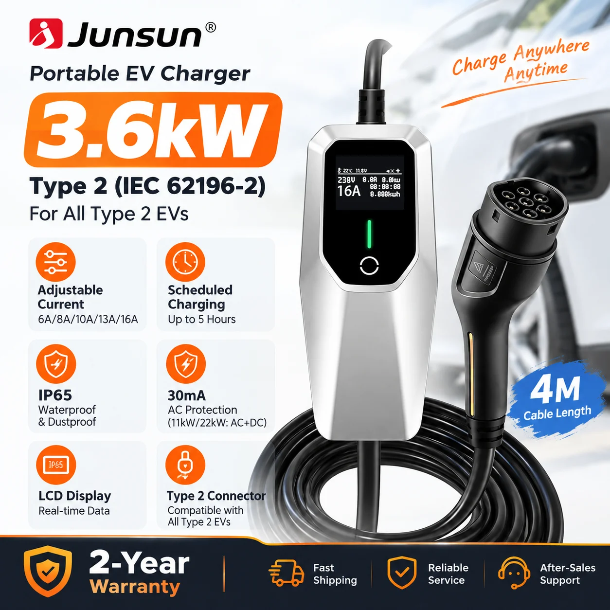 Junsun Tragbares EV-Ladegerät 3,6KW 7KW 11KW 22KW IP65 Wasserdicht Typ 2 Ladekabel 6 8 10 13 16 20 24 32A Einstellbarer Strom Zeitgesteuertes Laden mit Verzögerungstimer Touch-Button-Steuerung 2 Jahre