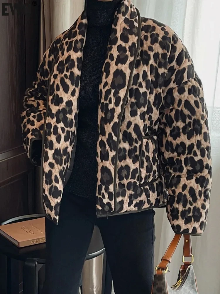 EWQ European Style Fashion Leopard Print Cardigan Cotton Parka Jacket Thin Cotton-padded Coat Top Women Winter 2024 Autumn New