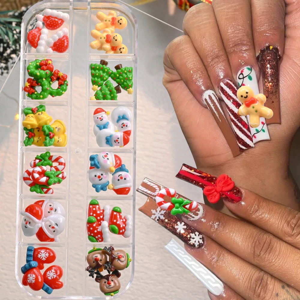 12Grids/Box Santa Claus/Socks/Wreath/Reindeer/Snowman Nail Art Charms Set 3D Christmas Nail Decor Cartoon Resin Nail Accessories