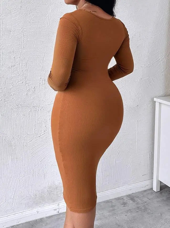 Vestido feminino pescoço quadrado controle de barriga levantador de bunda coxa mais magro bodycon vestido dupla camada embutido shapewear vestido midi com nervuras