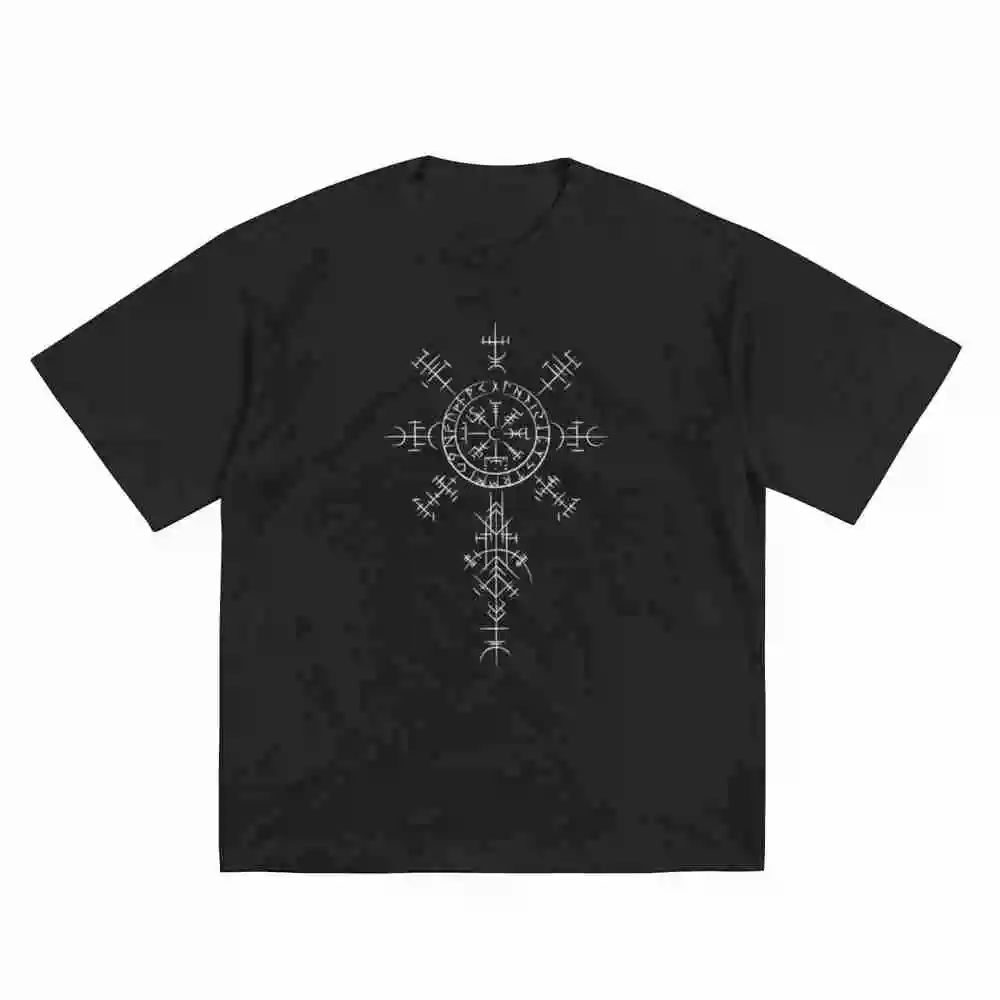 Retro Viking Symbol Compass Vegvisir Nordic Rune Celtic Short Sleeve Tee 100% Cotton T-Shirt