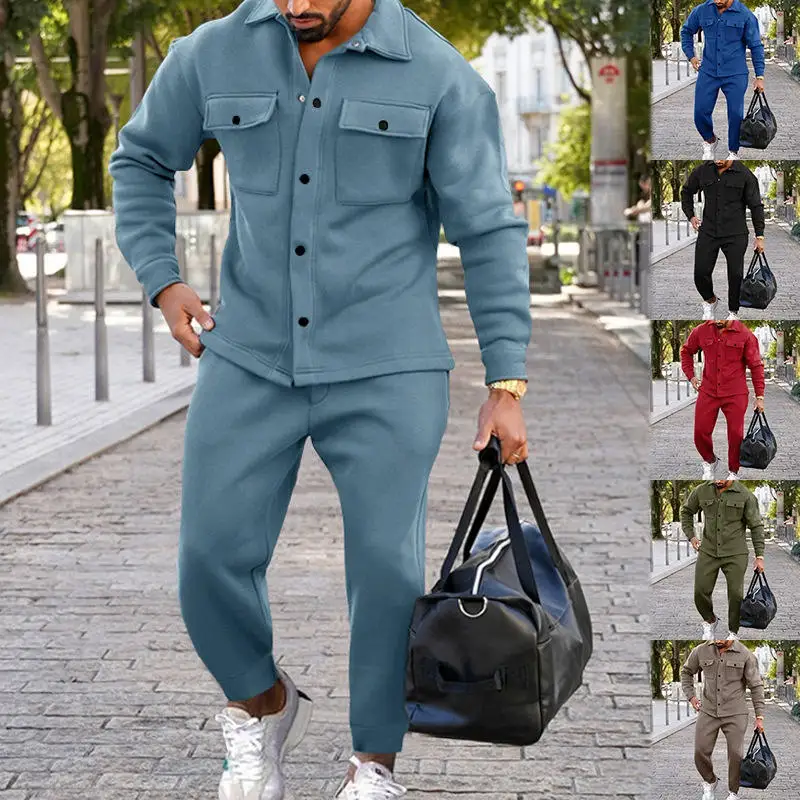 

Fashionable Suede Men's Jacket Autumn Winter Set Single Button Slim Fit Two Piece Suit Long Sleeve Pants for Men