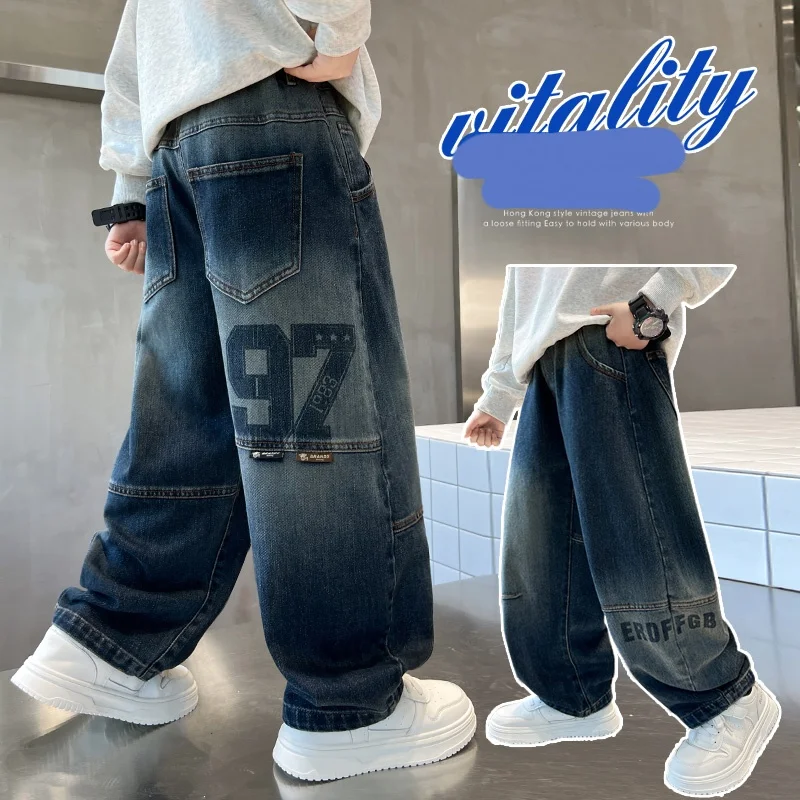 

Boy Jeans Ages 4-14Y Child Long Pants Tween Boy Denim Students Spring Autumn Long Trousers Toddler Number Printed Straight Jeans