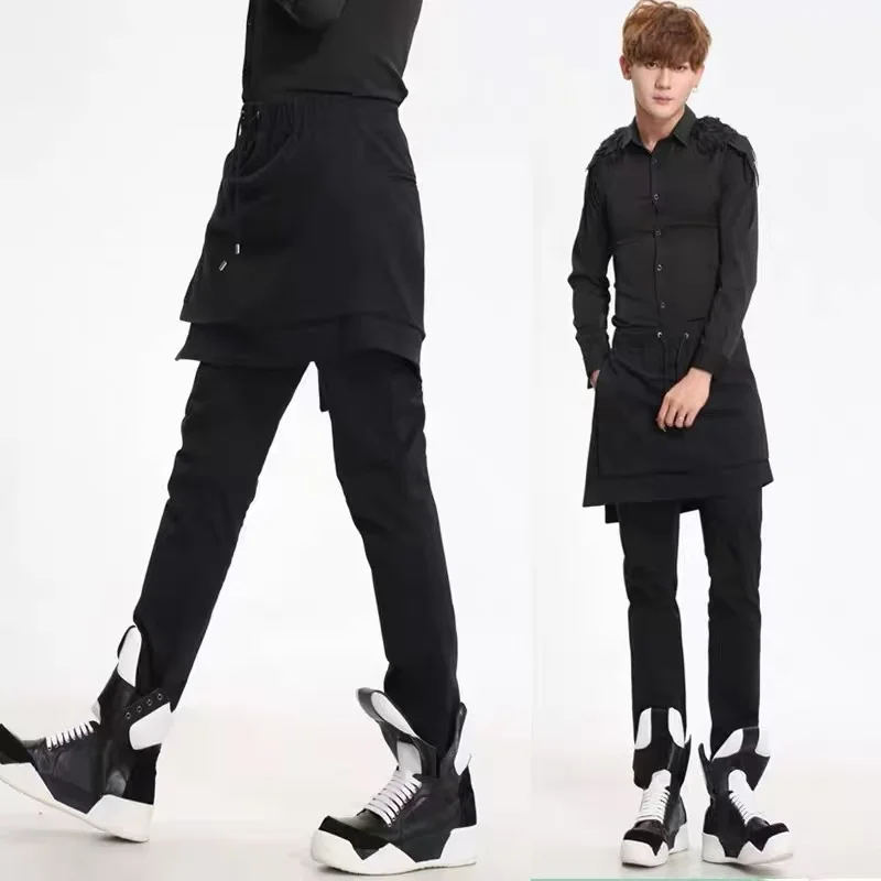 Hairstylist Black Trendy Brand Haren Pants Men's Small Feet Slimming Solid Color Casual Fake 2Piece Trousers Singer Stage Wear