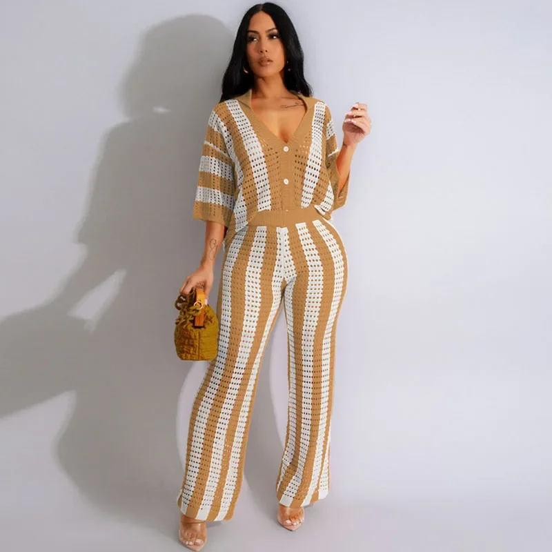 Striped Knitted Pants Set Women 2 Piece Outfit Elegant Hollow Out Button Up V-neck Top and Wide Leg Pants Matching Sets Vacation