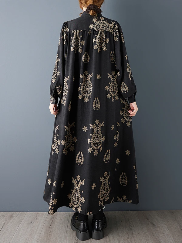 SuperAen 2025 봄과 가을 루즈핏 오버사이즈 스탠드업 칼라 패션 프린트 드레스 플리츠 패치워크 롱 엘레강트 셔츠 드레스