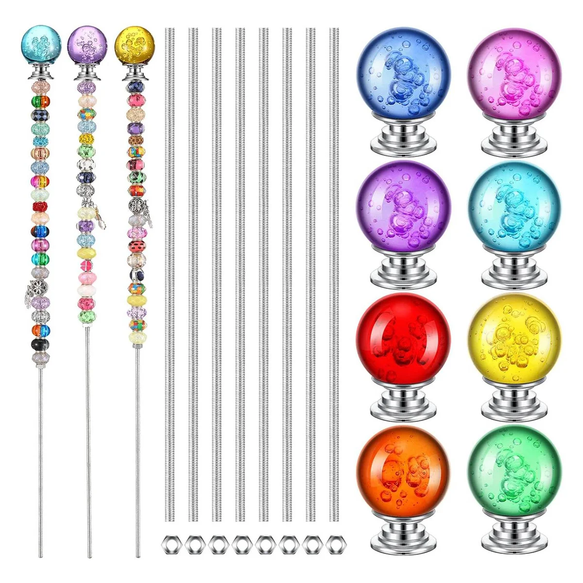 DIY Garden Beaded Stakes Wands Kit Include 8 Pcs 8/32 Inch 12 Inch Threaded Rods, 8 Pcs Hex Nuts and 8 Diamond Stopper