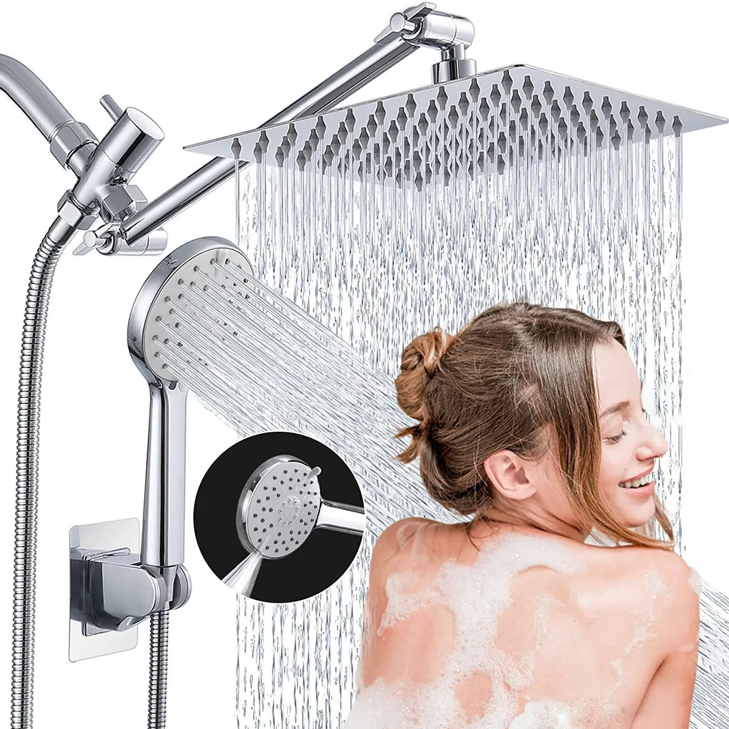 

Shower Head Combo 8 Inch 10Inch High Pressure Rain Shower Head with Adjustable Extension Arm With 3-way Handheld Shower Spray