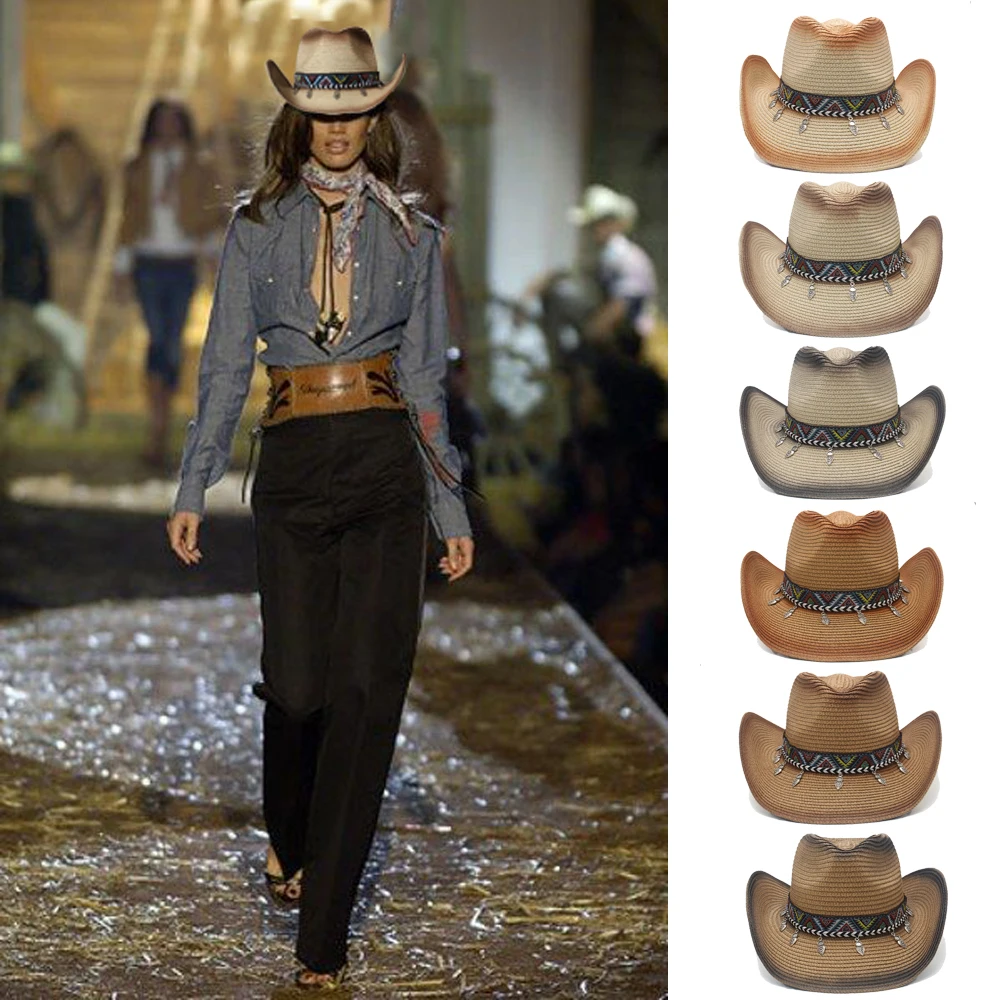 

Men Women Soft Straw Western Cowboy Hats Wide Brim Sunhat Party Travel Outdoor Caps Classical Retro Sombrero UK Size L US 7 1/4
