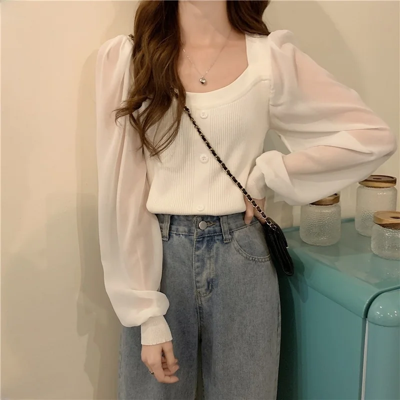 

Женская трикотажная кофта с квадратным вырезом и длинными рукавами, весна-осень 2026, новый дизайн, с вырезом на ключицах, приталенная, с рукавами-фонариками