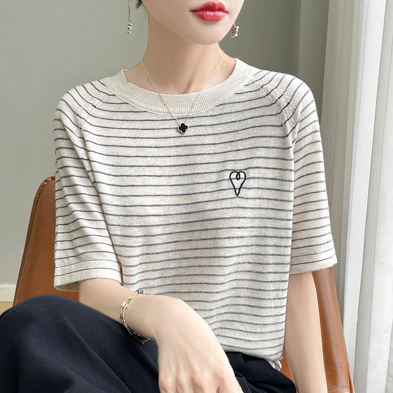 Summer Tencel Thin Short sleeved Women\'s Striped Round Neck Loose Pullover Korean Fashion Casual Silk T-Shirt Top