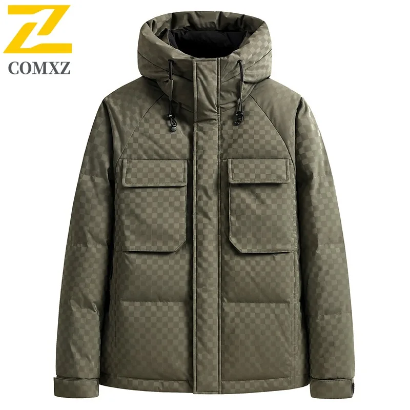 COMXZ Men Puffer Coat Leisure Hooded Outdoor Snow Skiing Windproof Warm Parka Lattice Design Travel Cold Protection Winter Coat