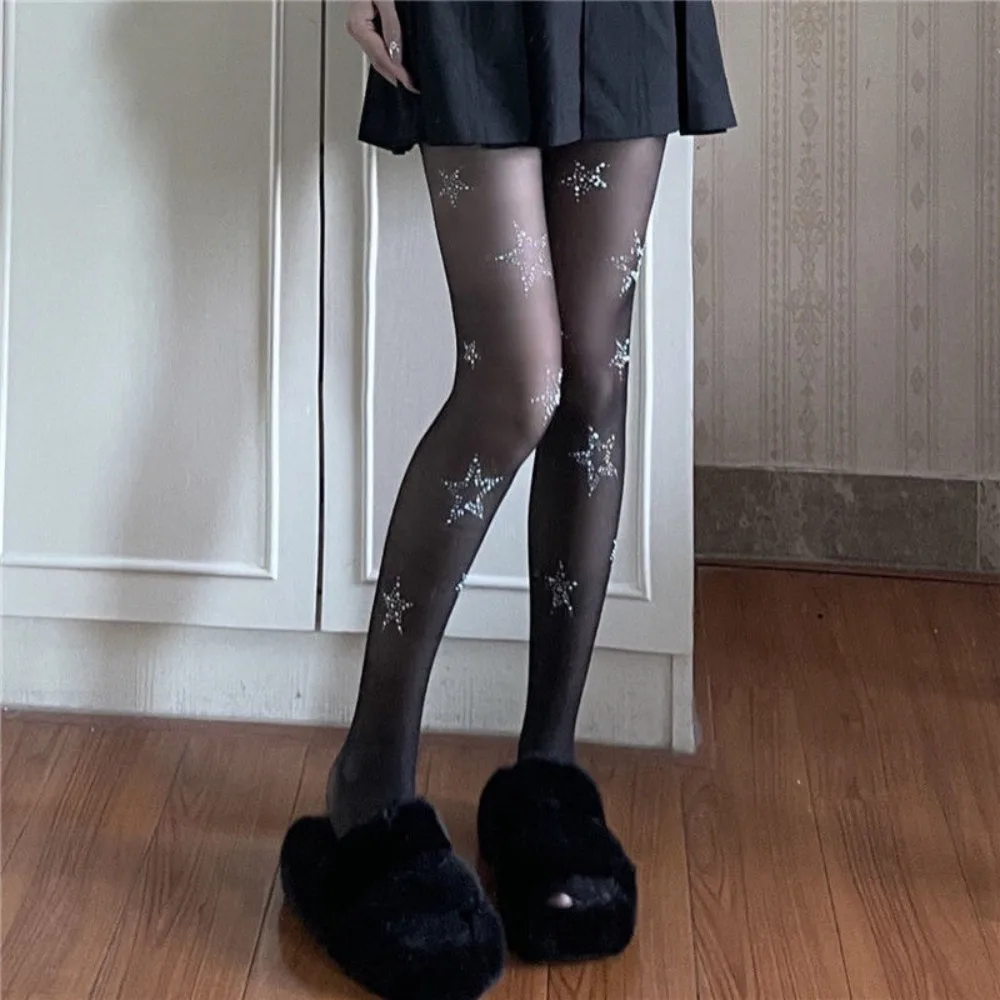 

Kawaii Y2k Women Pantyhose Fishnet Star Diamond Rhinestone Thigh High Stockings Sexy JK Lolita Girls Underwear Pantyhose