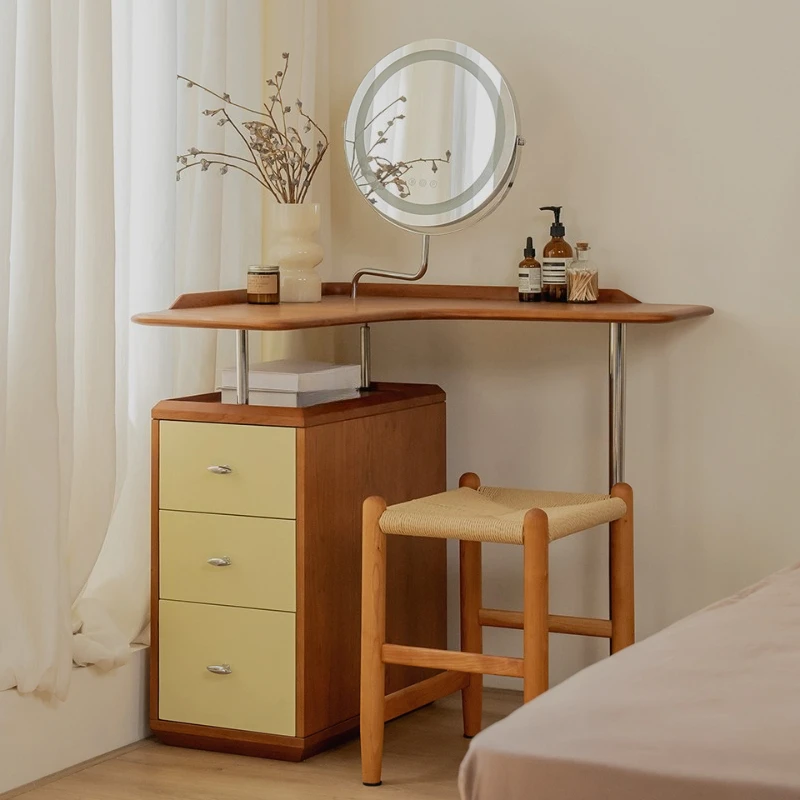 Floating dresser retro solid wood small apartment storage integrated mirror makeup table