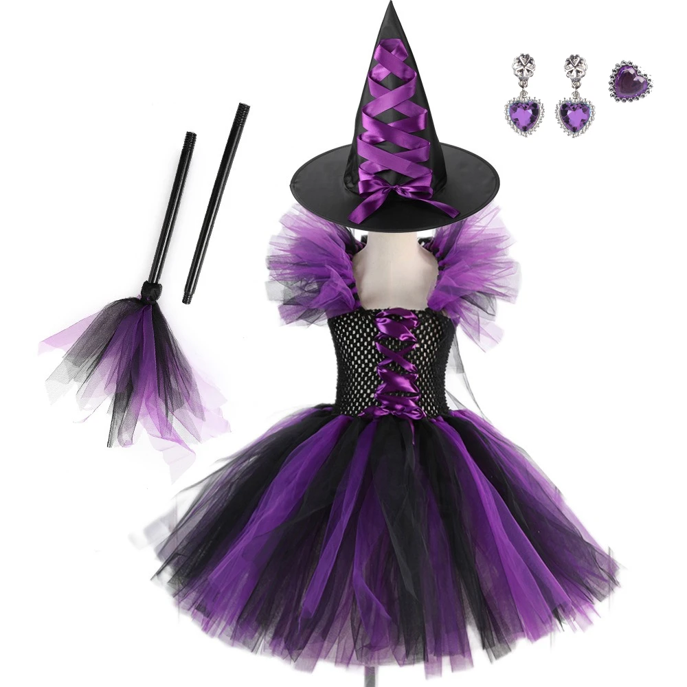 

Purple Witch Costume Girls Disguise Halloween Cosplay Carnival Party Christmas Toddler Kids Earrings and Rings Princess Dress