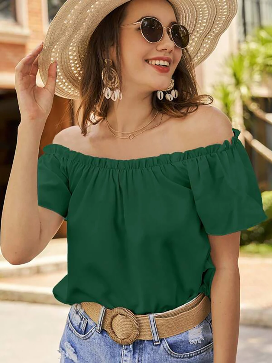 

Womens Blouse Off Shoulder Ruffle Short Sleeve Blouse Ruched Top Loose Casual Boho Apparel Tops Spring Summer Vacation Shirts