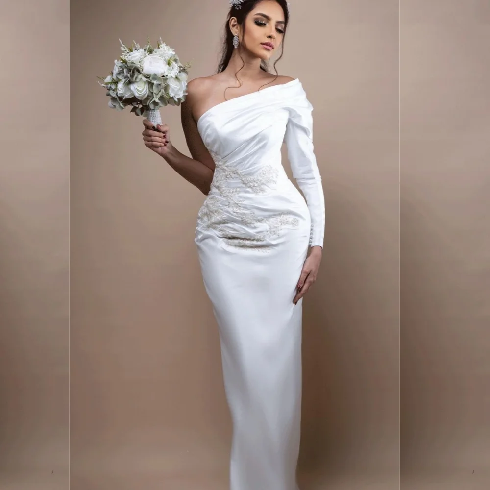 Customized     Satin Beading A-line One-shoulder Bespoke Occasion Gown Long es Saudi Arabia