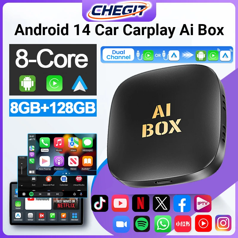 8-ядерный CarPlay Ai Box Android14, умная система, беспроводная CarPlay/Android Auto, 8 ГБ ОЗУ + 128 ГБ ПЗУ для Youtube Nexflit Plug and Play