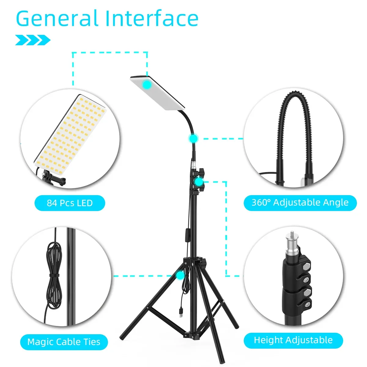 Luz de trabalho LED portátil com tripé, luz Grill, luz selfie, lâmpada LED, fotografia, ao ar livre, camping, piquenique