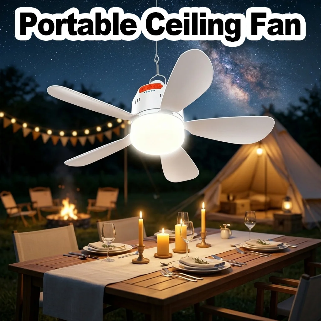 Portable Ceiling Fan With Light Hanging Ceiling Fan With Light Bedroom Night Fan USB Charged Backyard Canopy Fan With Hook