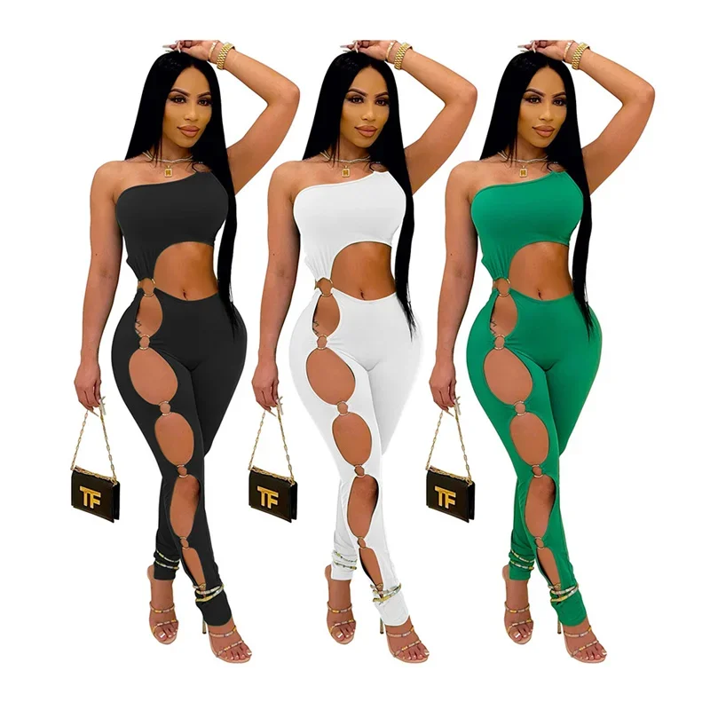 Sexy One Shoulder Bodycon Jumpsuit Women Sleeveless Solid Hollow Out One Pieces Romper Night Party Club Birthday Outfits Catsuit