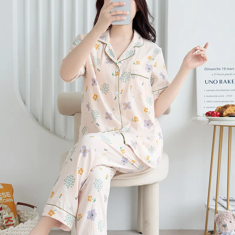 Summer Room Wear Women Pajamas Printed Sleep Lounge Short Sleeve Sleepwear Trousers Suit Cotton Ladies Nightwear Home Clothes