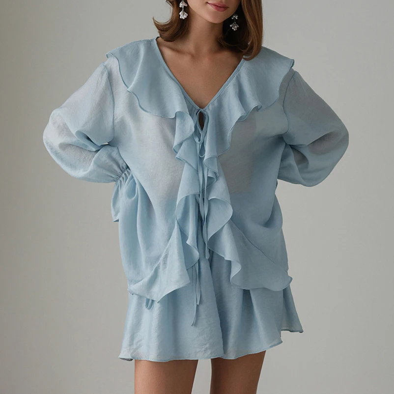 

2025 Summer Ruffled Women's 2 Piece-Set Shorts Casual Lace-Up Patchwork V-Neck Shirts Top And Mesh Solid Y2k Shorts Sets