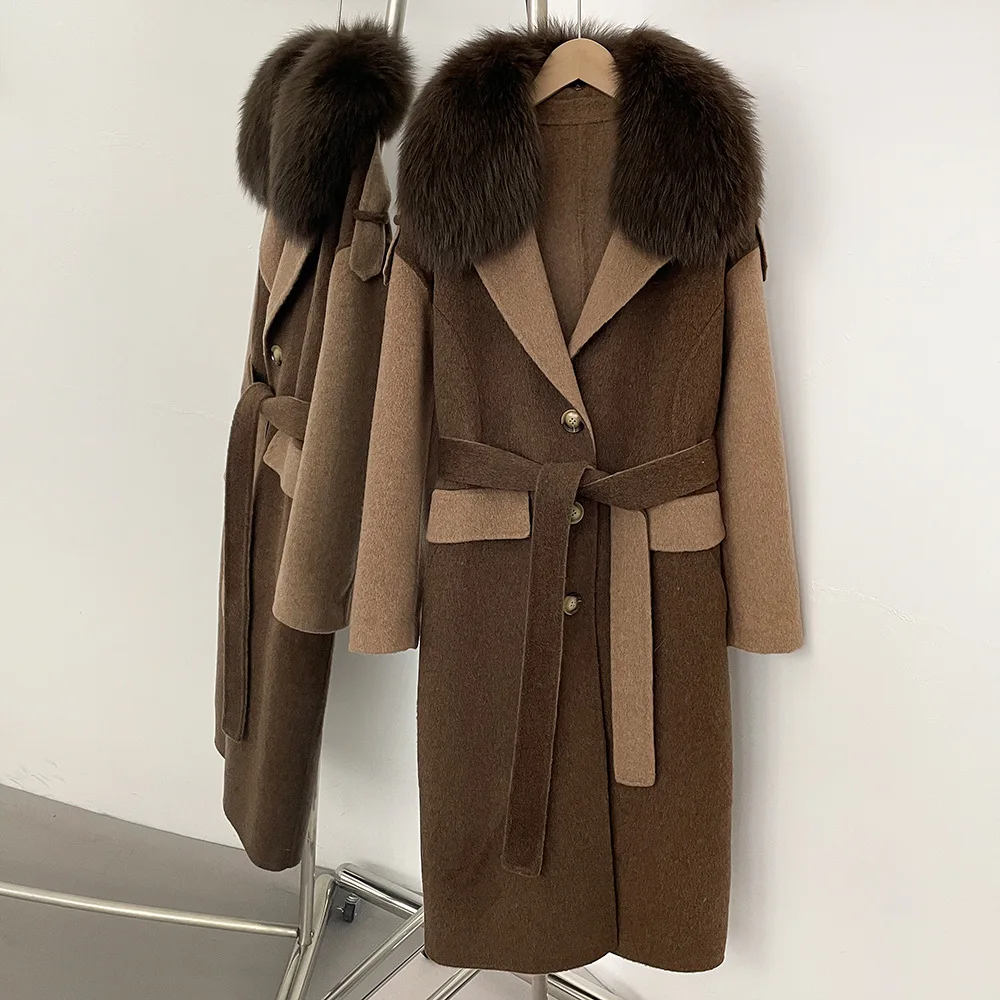 เสื้อโค้ทขนสัตว์ผสมสำหรับผู้หญิง ฤดูใบไม้ร่วง-ฤดูหนาว ปี 2025  ดีไซน์หรูหรา อุ่นสบาย  คอปกขนจิ้งจอกแท้  ผ้าแคชเมียร์สองด้าน