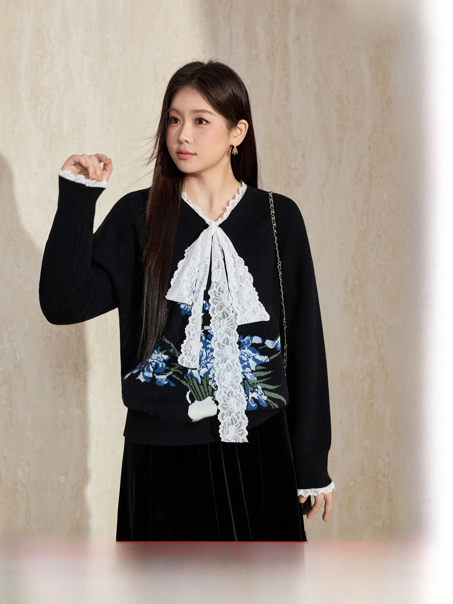 

Blue Language Large Size Knitted Lace Patchwork Hoodie Sweater Loose Fit Winter Slimming Bla Inner Wear Top Commute Sle