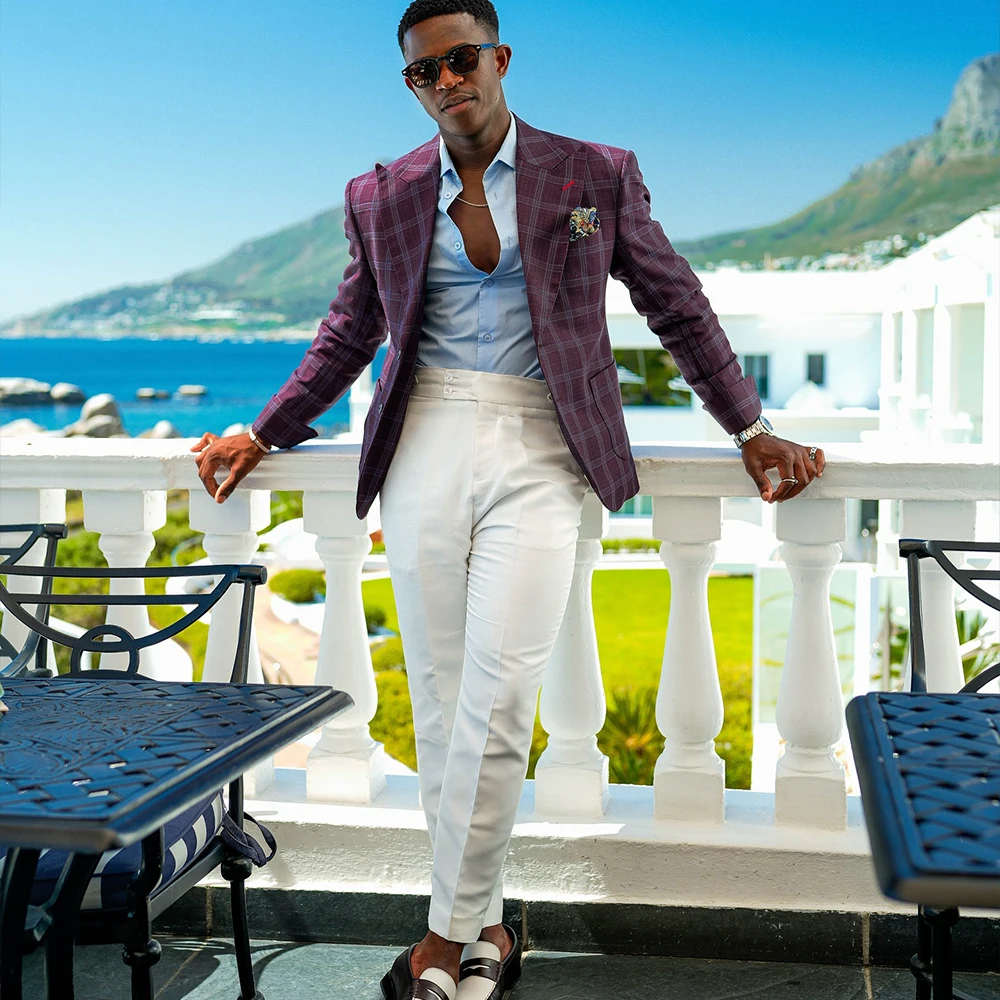 

Plaid Men's Suits Peaked Lapel Single Breasted Prom Suit Bespoke Tuxedo Outfit Office Business Blazer Jacket+Pants Customized