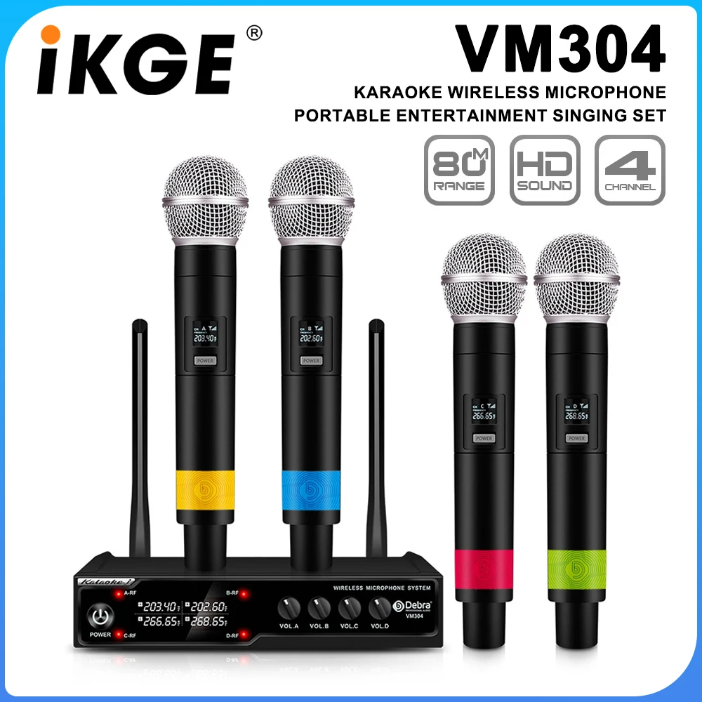 IKGE VM304 Audio 4-channel wireless microphone system, handheld microphone, transmission distance 80m, for stage, church