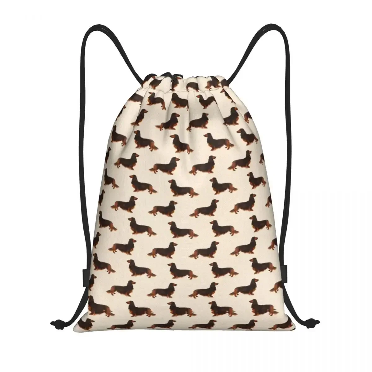 Long Hair Dachshund Cream Pattern Sausage Dog Print Drawstring Backpack Bags Pet Wiener Gym Sports Sackpack Sacks for Training