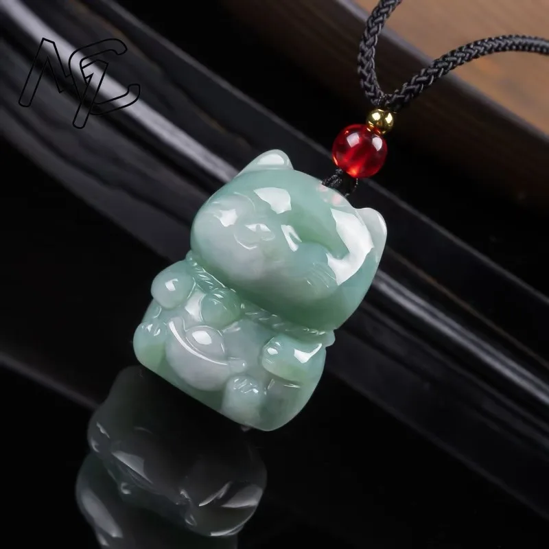 Natural Emerald Jade Lucky Cat Pendant Myanmar Jadeite Necklace Fashion Jewelry Charm Designer Lucky Gifts for Women Certificate view 2