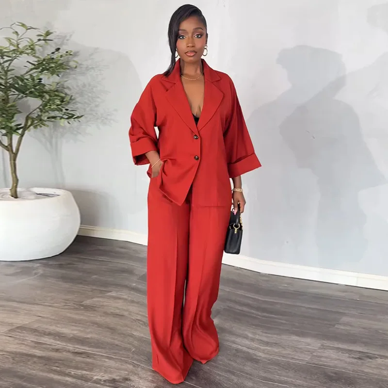 

New sweet and fresh suit collar seven-quarter-sleeved shirt high-waisted straight-leg pants two-piece stylish simple and versati