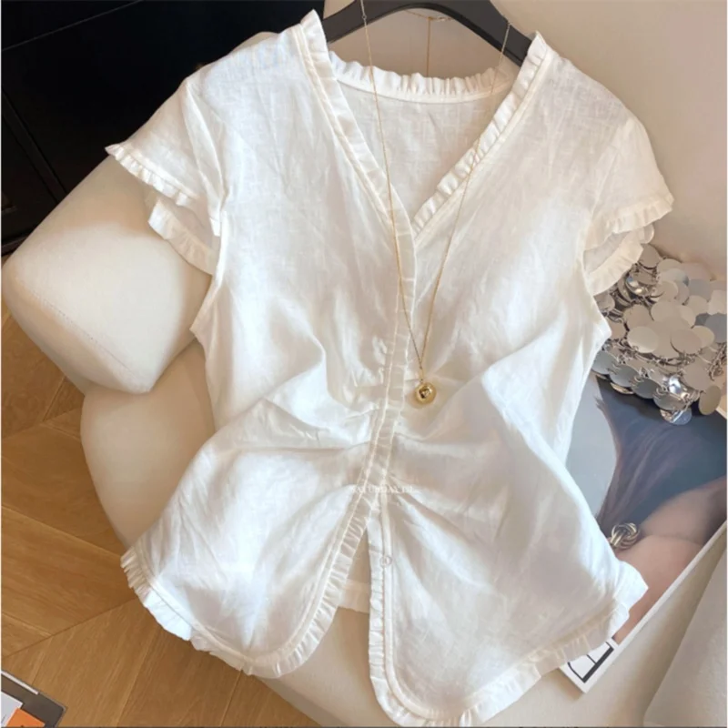 

Summer New Sle Women's irt V-ne Fly Sve Single Button Ele Small irt Loose Fit Commute Sle Pure Color