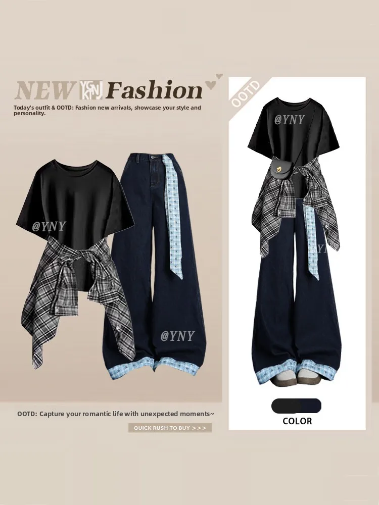 

Korean Casual Style Shirt T-Shirt Plaid Splicing Jeans Women's Spring Summer Fashion Set Complete Outfit Matching
