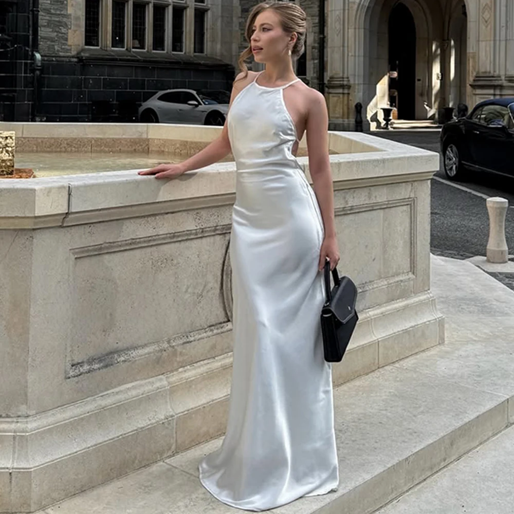 Simple Halter White Satin Evening Dress Elegant Backless Customized Party Dresses Delicate Sleeveless Special Occasion Gowns