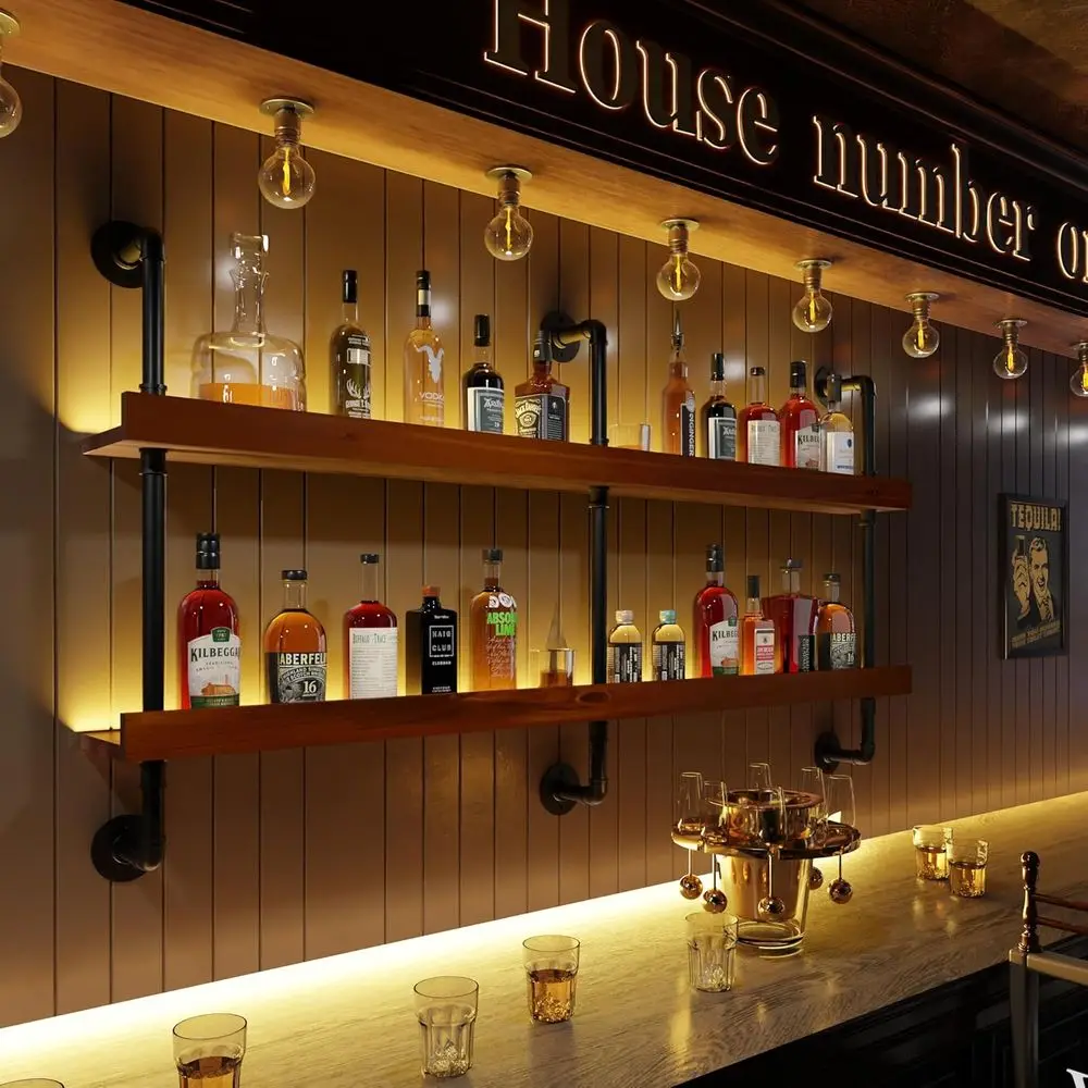 

Настенная винная полка с LED-подсветкой, промышленная трубчатая полка для вина с LED-подсветкой, 2-уровневая подвесная полка для бутылок, барная полка для хранения бутылок (W)
