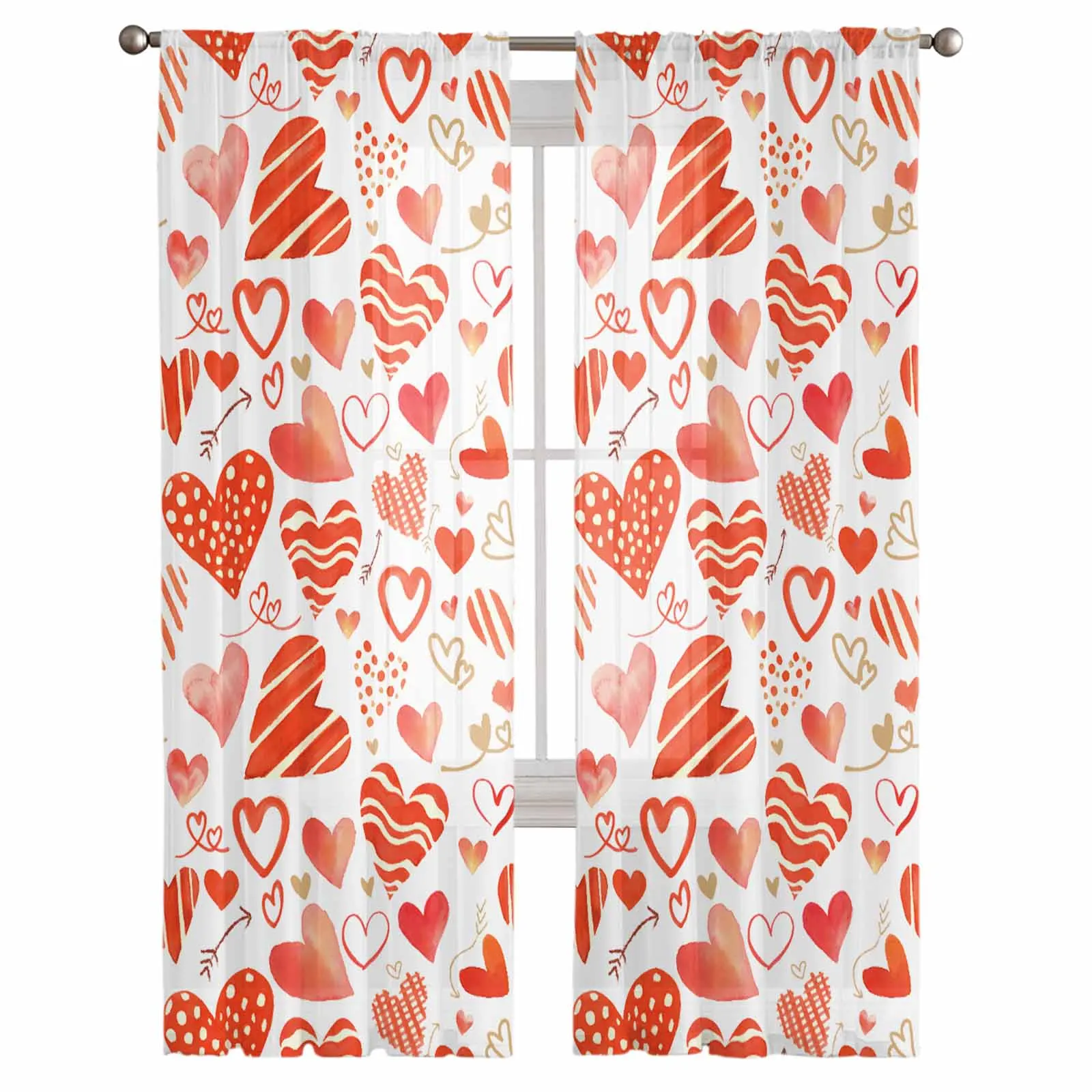 Hand Painted Watercolor Heart Voile Curtains for Bedroom Window Tulle Curtain for Living Room Sheer Blinds Drapes