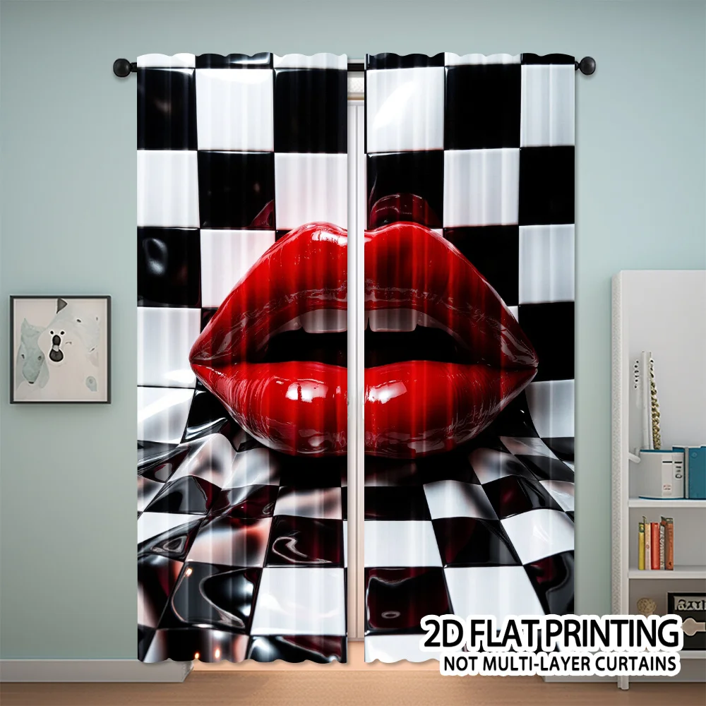 Red Lips Checkered Pattern Curtains, Black White Plaid Sexy Mouth Print Blackout Drapes for Living Room, Modern Art Home Decor
