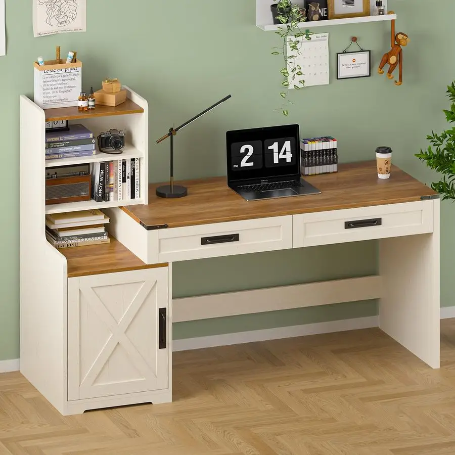 

Farmhouse Computer Desk with Drawers, Home Office Desk with Bookcase, Vanity Desk Writing Study Table with Storage, Antique Whit