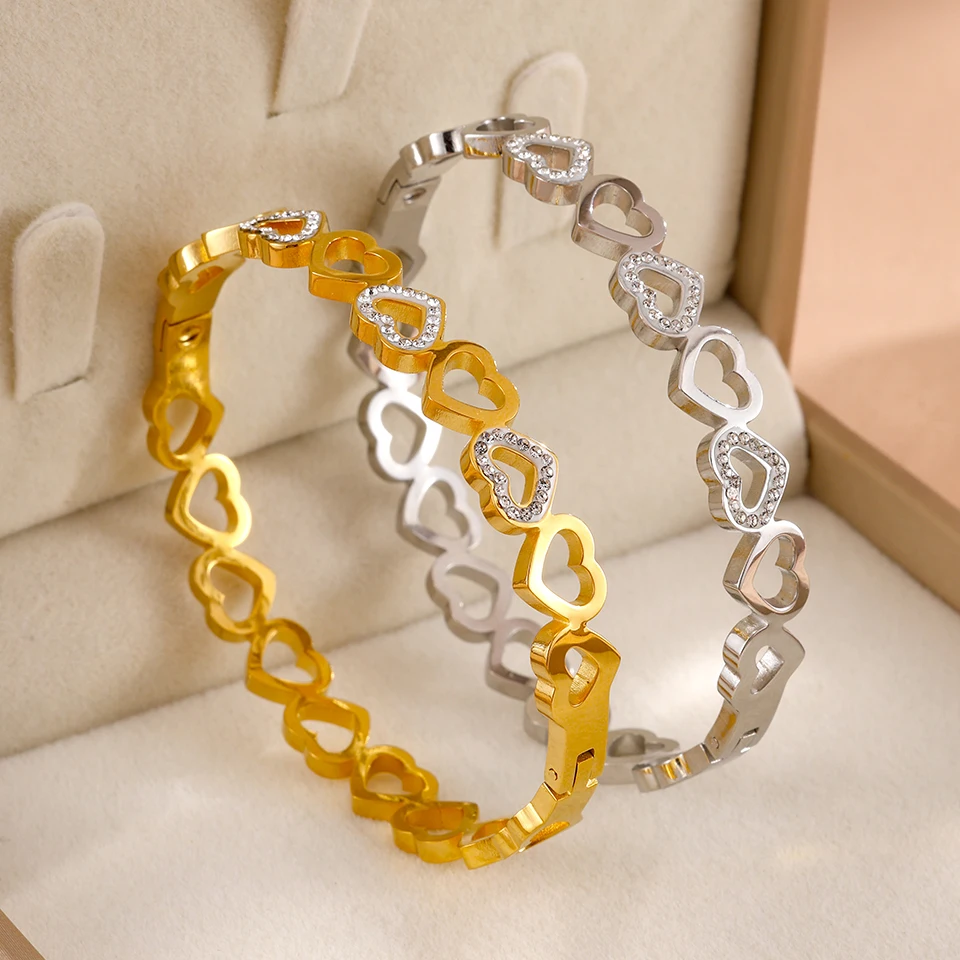 ZAKOL Vintage Hohlherz Intarsien Strass Zirkon Edelstahl Breite Armreifen Armbänder Wasserdichter Schmuck Geschenk für Paare